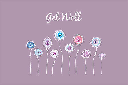 purple get well card with illustrated colorful flowers