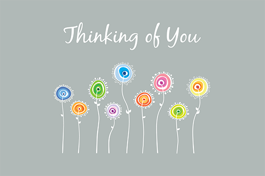 gray thinking of you card with illustrated colorful flowers